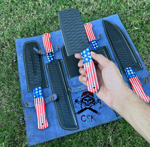 5 pieces Hand Forged J2 steel Texas Flag kitchen chef knives cskforged