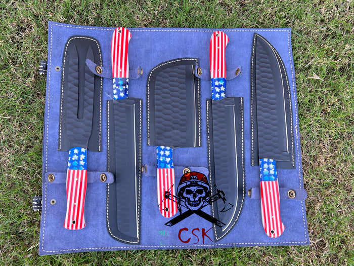 5 pieces Hand Forged J2 steel Texas Flag kitchen chef knives cskforged