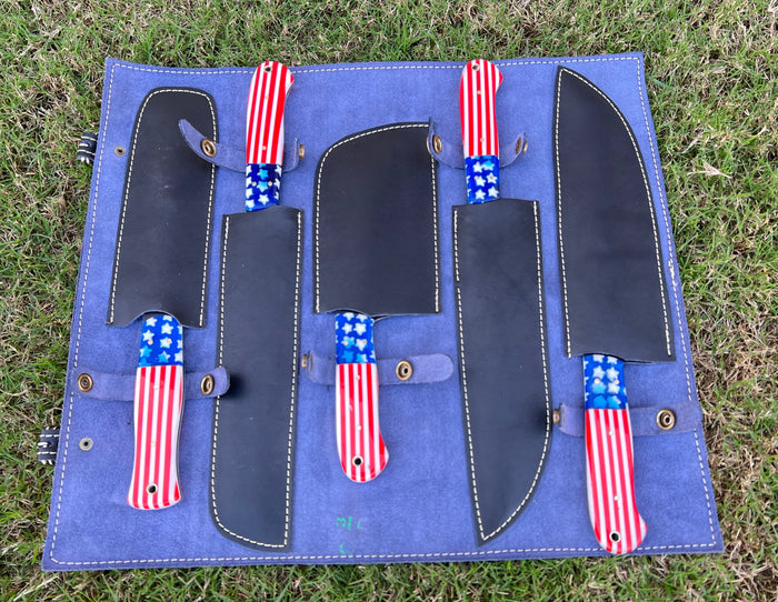 5 pieces Hand Forged J2 steel Texas Flag kitchen chef knives cskforged