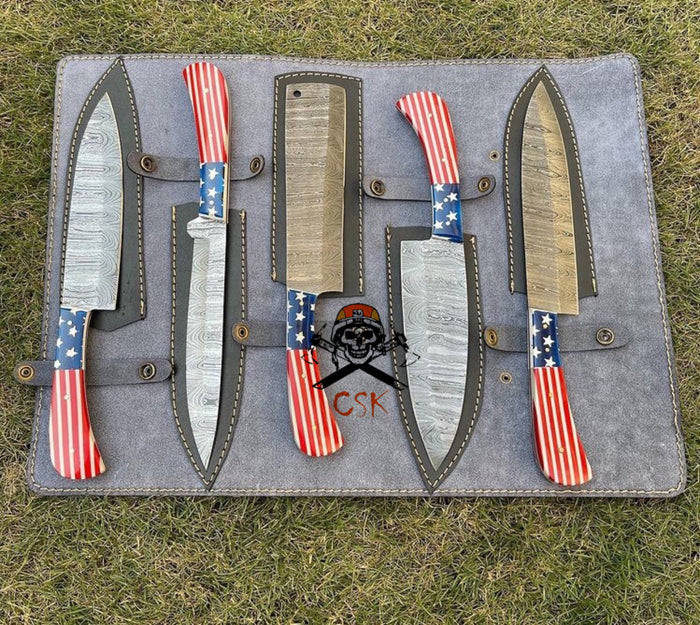 5 pieces Handmade Damascus steel USA Flag kitchen chef knives cskforged