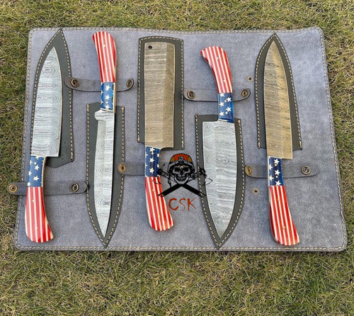 5 pieces Handmade Damascus steel USA Flag kitchen chef knives cskforged