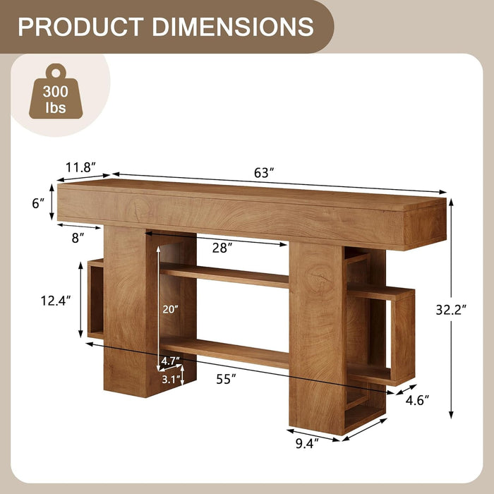 63 Inch Wooden Console Table Solid Wood Storage Drawers