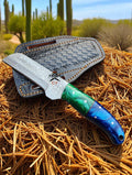 7.5” Handmade Damascus Steel Cowboy Bull Cutter Knife - Green Blue Epoxy Resin Handle - Belt Sheath cskforged