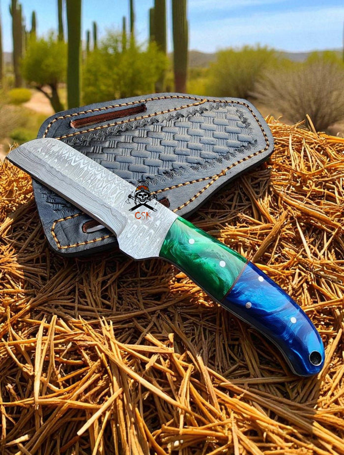 7.5” Handmade Damascus Steel Cowboy Bull Cutter Knife - Green Blue Epoxy Resin Handle - Belt Sheath cskforged