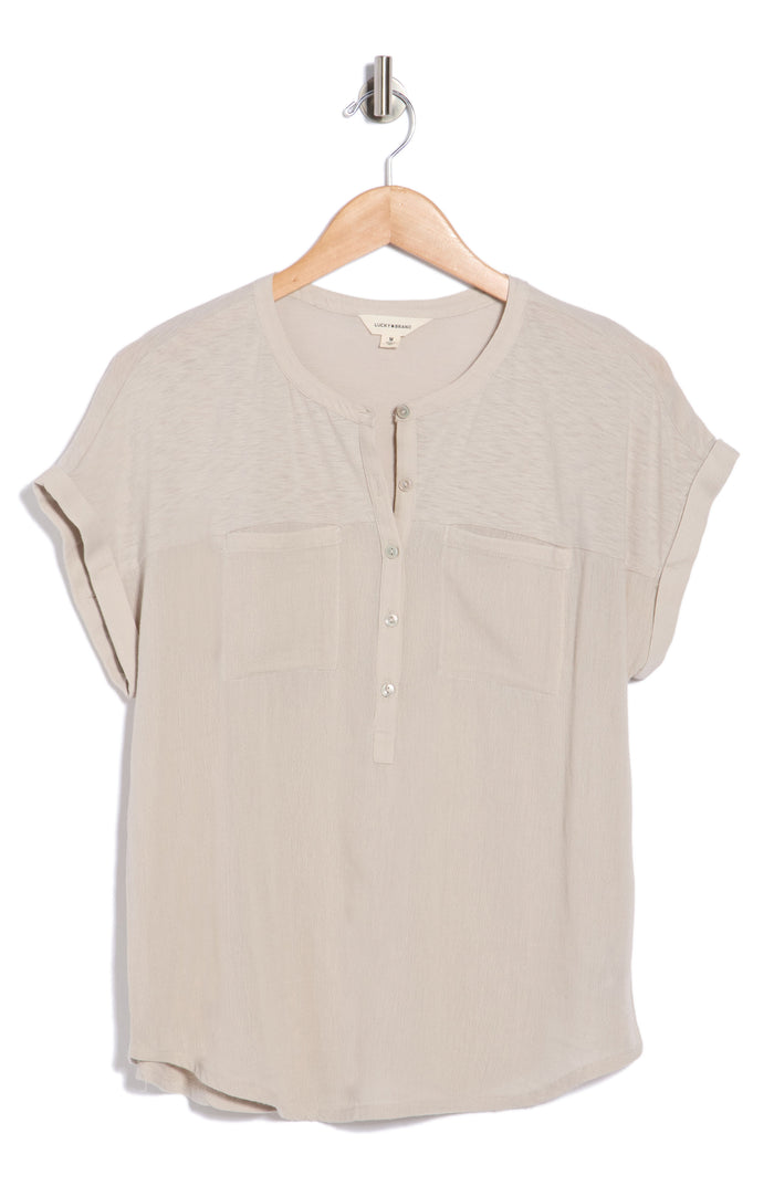 [7WD61511-290] WOMENS LUCKY BRAND MIXED MEDIA HENLEY - DOVE rubbersoled