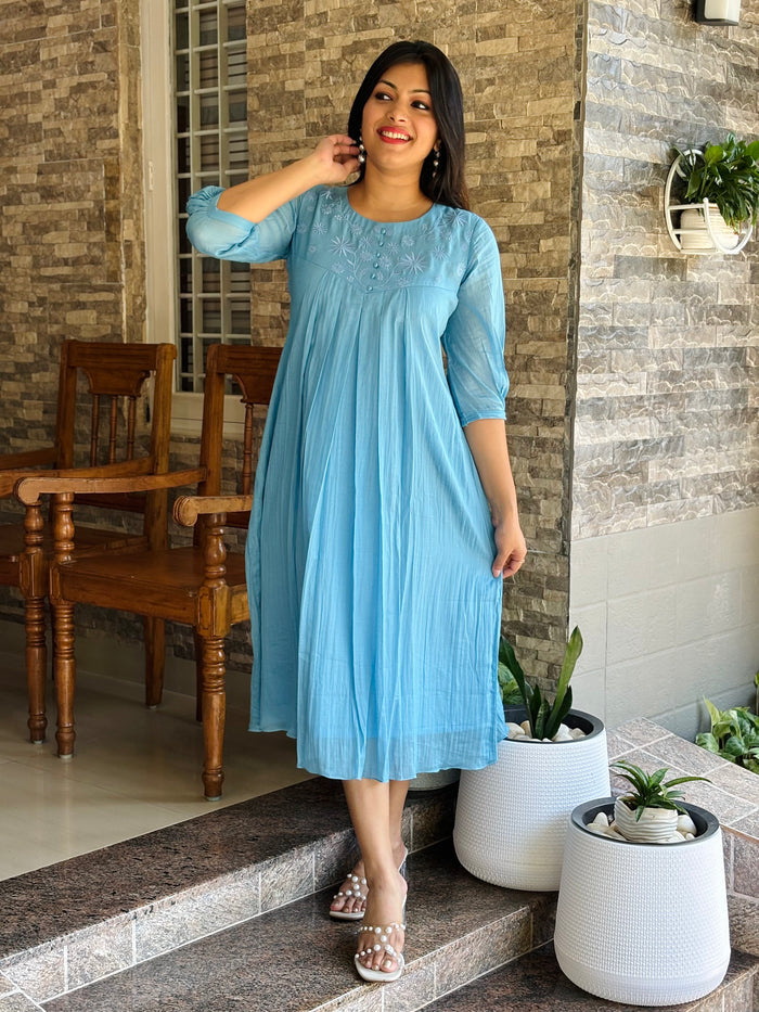 Blue soft mul cotton Aline kurti/dress with floral thread embroidered yoke MBS-1198