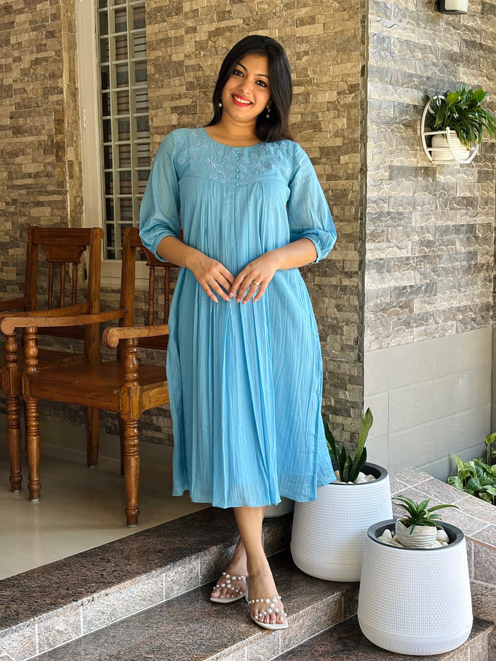 Blue soft mul cotton Aline kurti/dress with floral thread embroidered yoke MBS-1198