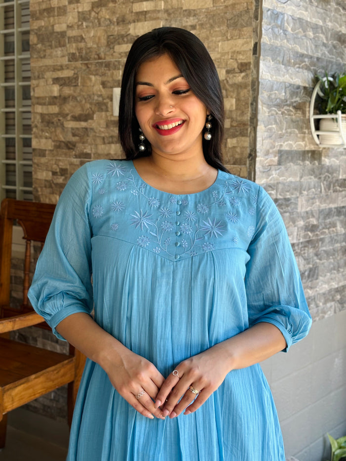 Blue soft mul cotton Aline kurti/dress with floral thread embroidered yoke MBS-1198