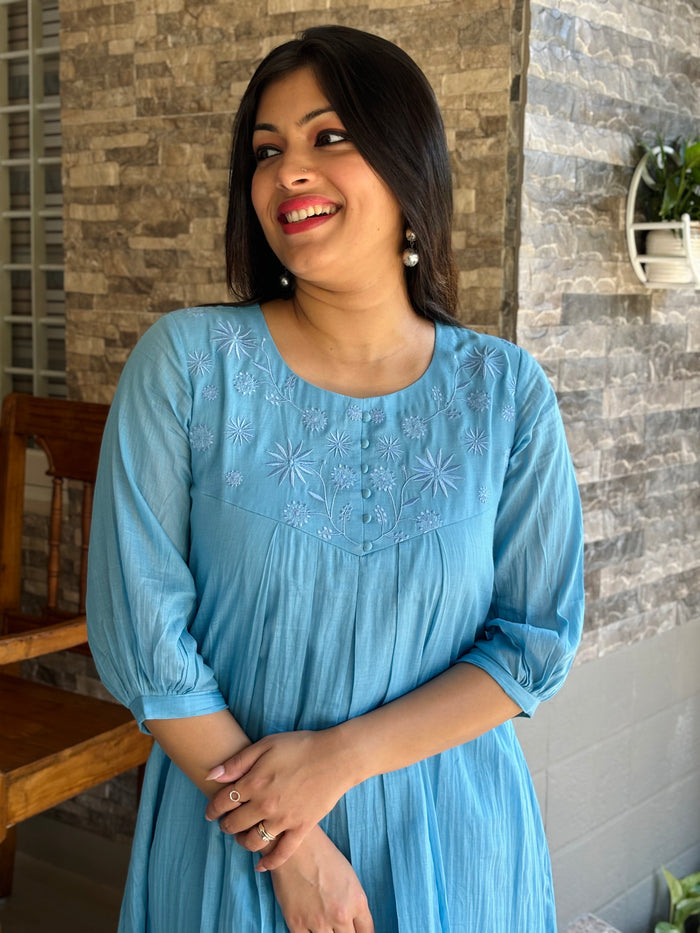 Blue soft mul cotton Aline kurti/dress with floral thread embroidered yoke MBS-1198