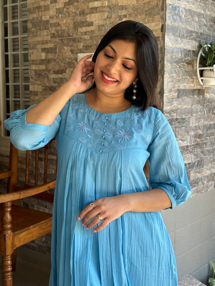 Blue soft mul cotton Aline kurti/dress with floral thread embroidered yoke MBS-1198