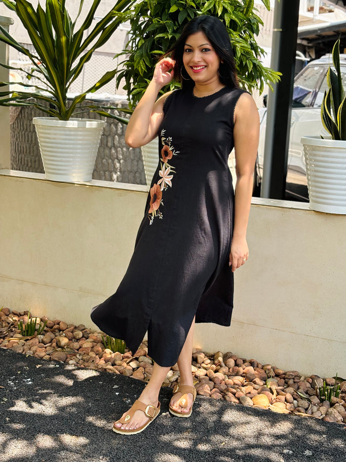 Black shaded flex cotton Aline kurti/dress with embroidered floral motifs MBS-940