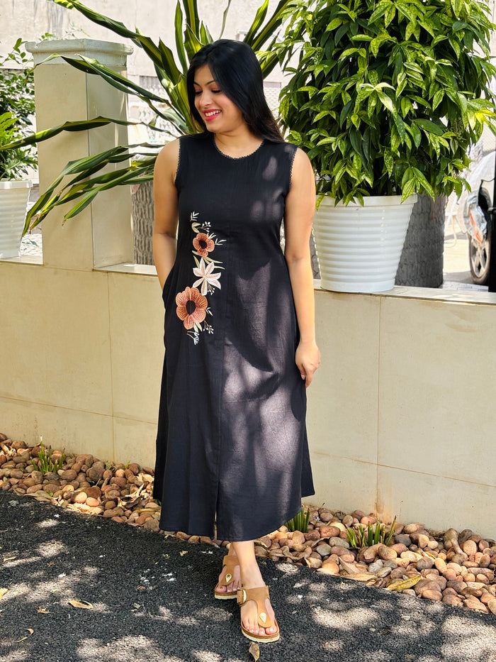 Black shaded flex cotton Aline kurti/dress with embroidered floral motifs MBS-940