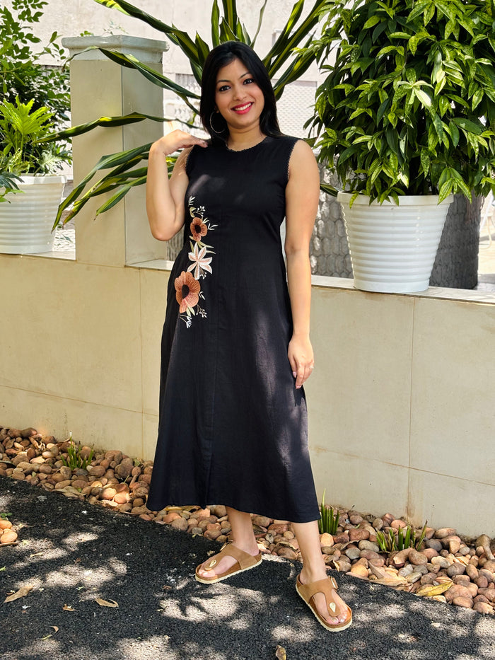 Black shaded flex cotton Aline kurti/dress with embroidered floral motifs MBS-940