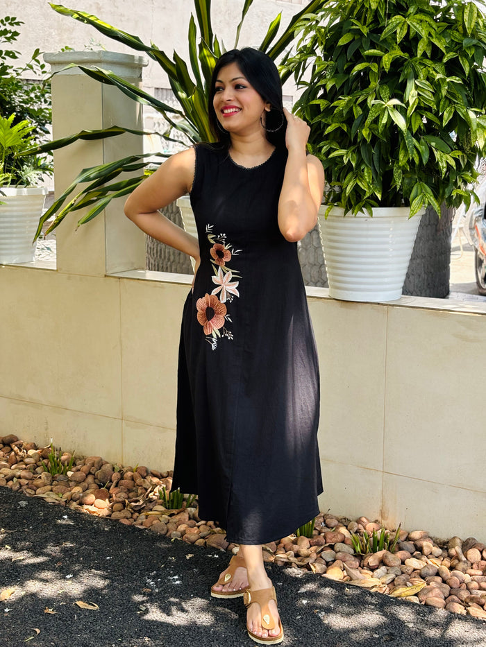 Black shaded flex cotton Aline kurti/dress with embroidered floral motifs MBS-940