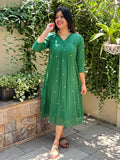 Green mul cotton Alia cut kurti with floral thread embroidery detailings MBS-862