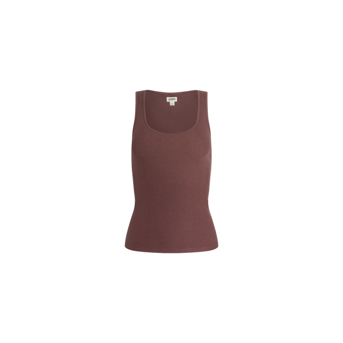 The Adira Scoopneck Tank is a sleeveless, fitted ribbed tank in a muted brown shade, shown on a plain white background. This essential piece features a scoop neckline and a flattering silhouette.