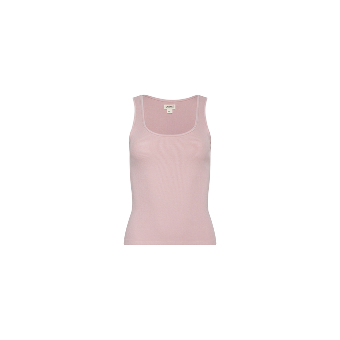 The Adira Scoopneck Tank, a sleeveless essential in light pink, features a scoop neckline and is displayed on a plain white background. Crafted from stretch rib fabric, this top provides comfort and versatility.