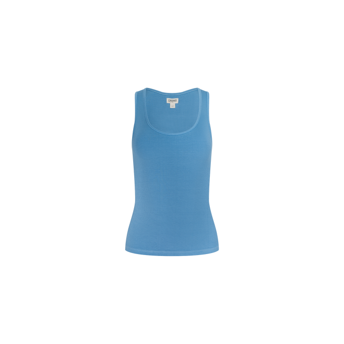 An Adira Scoopneck Tank in light blue, featuring a sleeveless and fitted ribbed design, is centered on a plain white background.