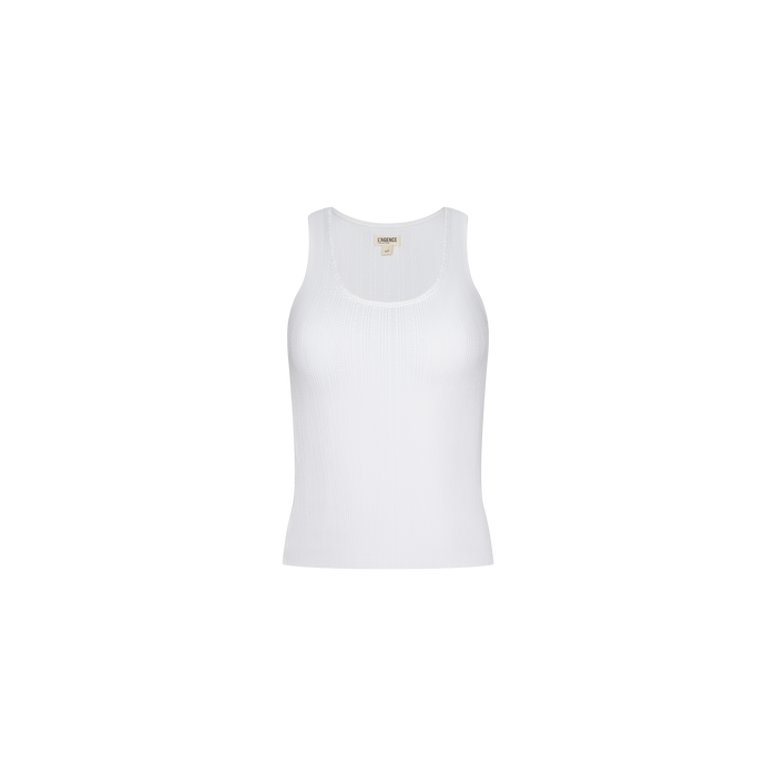 The Adira Scoopneck Tank, a white ribbed essential featuring a scoop neckline, is displayed against a plain light background.