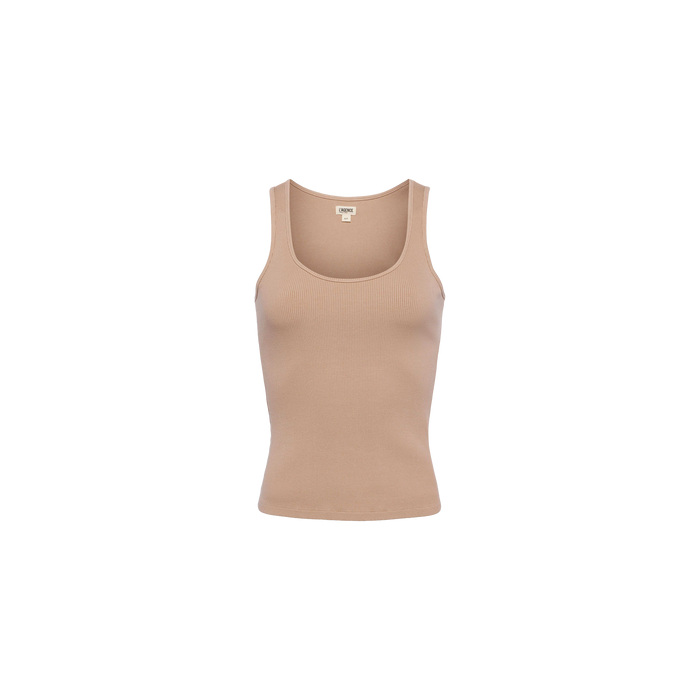 Adira Scoopneck Tank in beige ribbed stretch-cotton, featuring a sculpted fit and deep scoop neckline, displayed against a plain white background.