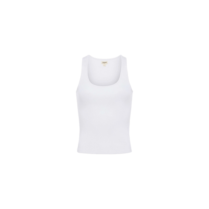 The Adira Scoopneck Tank is a slim fit white tank top featuring a scoop neckline, crafted from ribbed knit fabric and showcased on a white background.