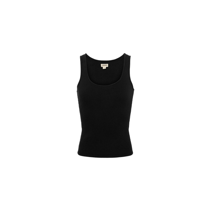 The Adira Scoopneck Tank is a plain black, sleeveless top with a scoopneck design and a slim fit, shown against a white background.