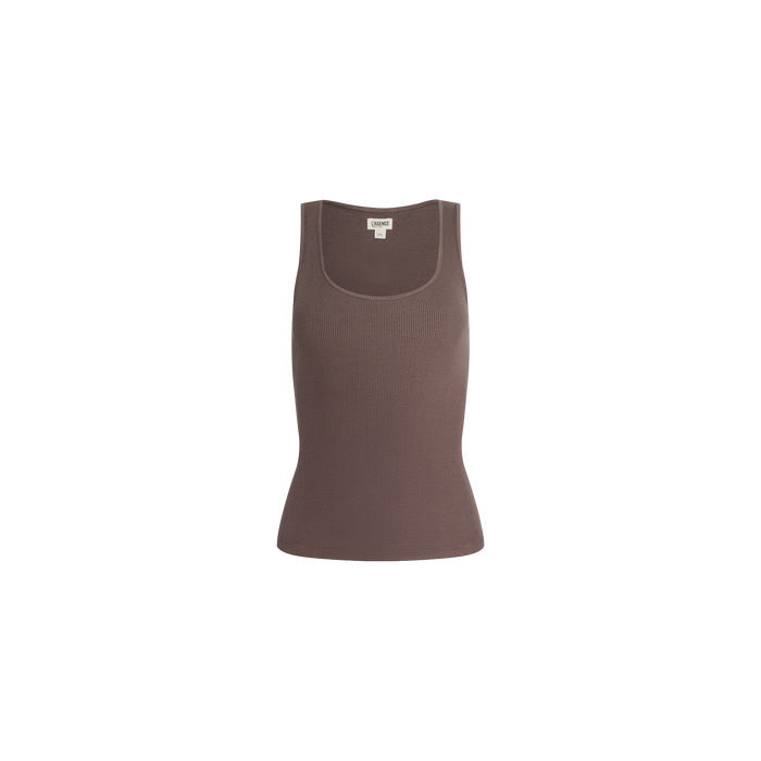 Adira Scoopneck Tank—sleeveless brown stretch rib tank top with a scoopneck design, displayed against a plain white background.