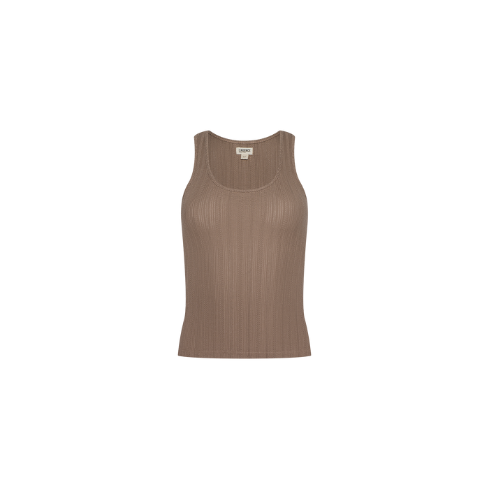 The Adira Scoopneck Tank is a sleeveless, ribbed fitted top made from organic cotton in taupe, showcasing a flattering scoop neckline and photographed against a plain white background.