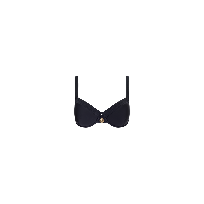 The Adrienne Bikini Top is a black balconette bikini top with underwire support and a gold circular accent at the center, shown against a plain white background.