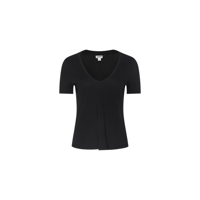 The Aileen Cotton Crewneck Tee, a plain black short-sleeve crewneck t-shirt made from soft cotton, is centered on a white background.