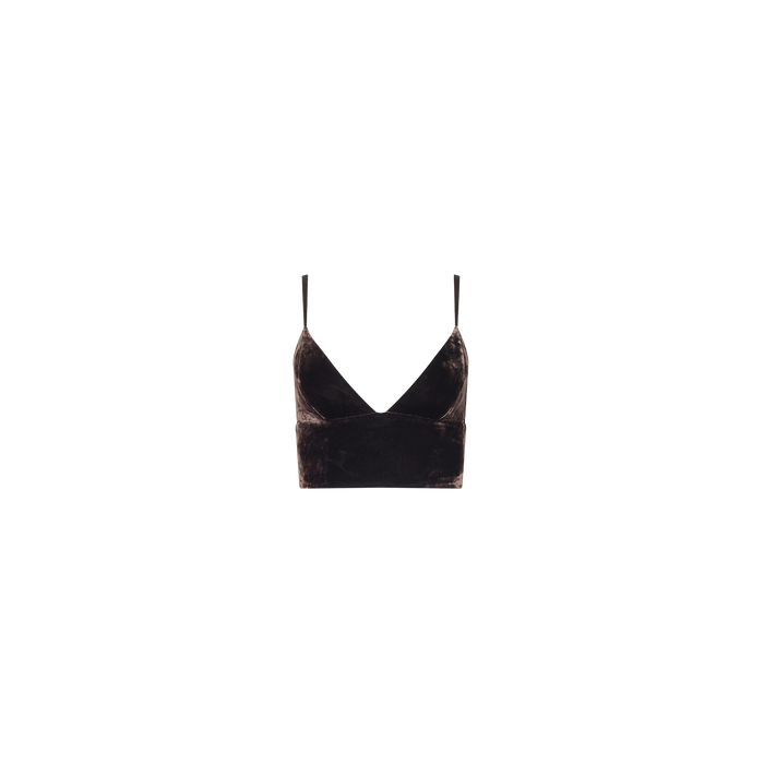 The Aislin Velvet Bralette in black features thin adjustable straps and a deep V neckline, showcased against a plain white background.