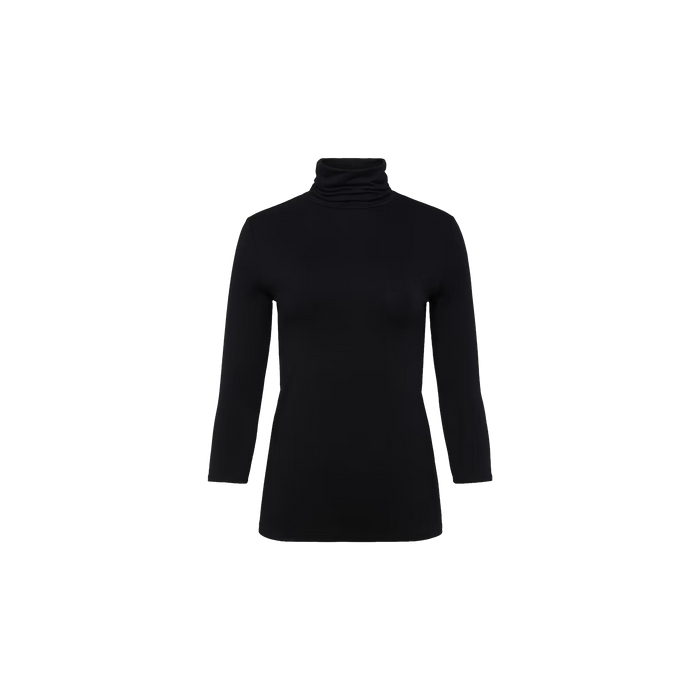 The Aja Turtleneck, a slim-fit black long-sleeve shirt crafted from soft microfiber fabrication, is displayed on a plain white background.