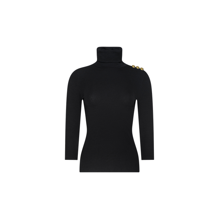 The Aja Turtleneck is a black long-sleeve top crafted from luxurious modal, featuring three gold buttons on the left shoulder and shown against a plain white background—an ideal piece for transitioning your wardrobe from fall to winter.