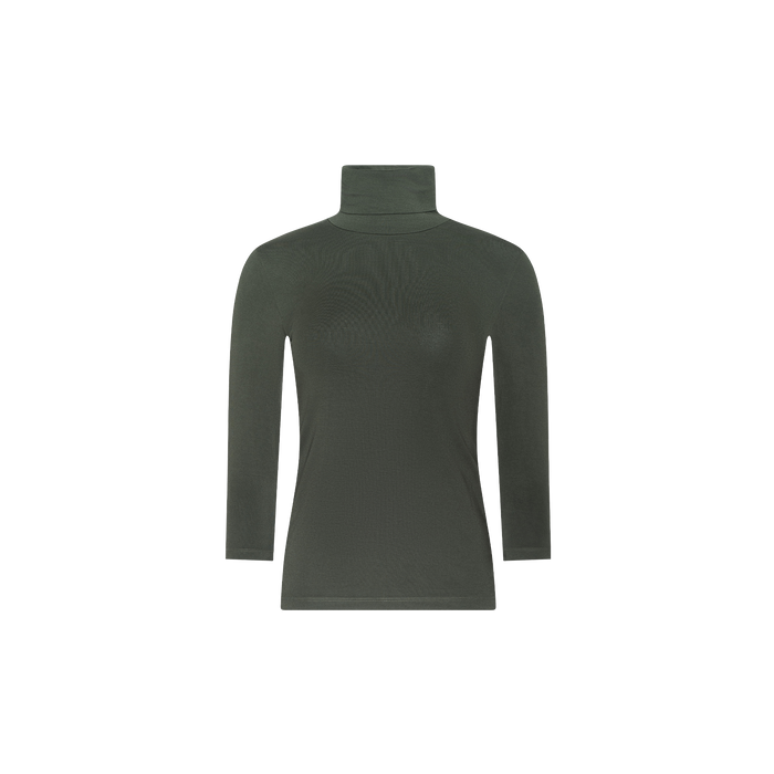 The Aja Turtleneck is a dark green, long-sleeve, slim-fit top crafted from soft knit fabric and displayed on a plain white background.