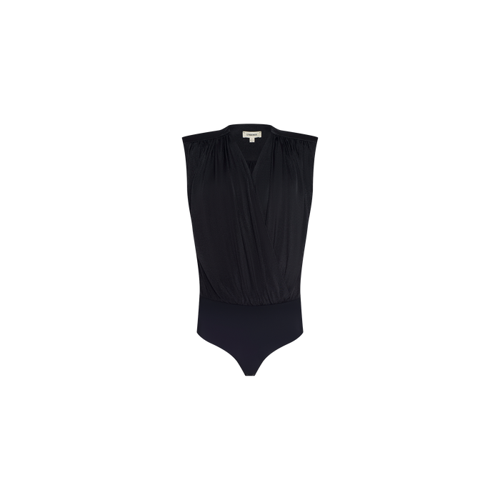 The Akari Bodysuit is a sleeveless black wrap-style piece featuring a draped neckline, made from soft, lightweight liquid jersey fabric. Shown against a plain white background.
