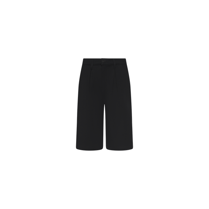 The Akasha Bermuda Short is a black, knee-length tailored style featuring a front button closure, belt loops, and a high-rise waist, crafted from stretch ponte fabric and displayed on a plain white background.