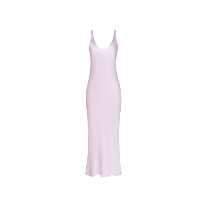 The Akiya Satin Maxi Dress is a sleeveless, pastel lilac bias-cut satin gown featuring a deep scoop neckline and a fitted, ankle-length silhouette, shown against a plain white background.