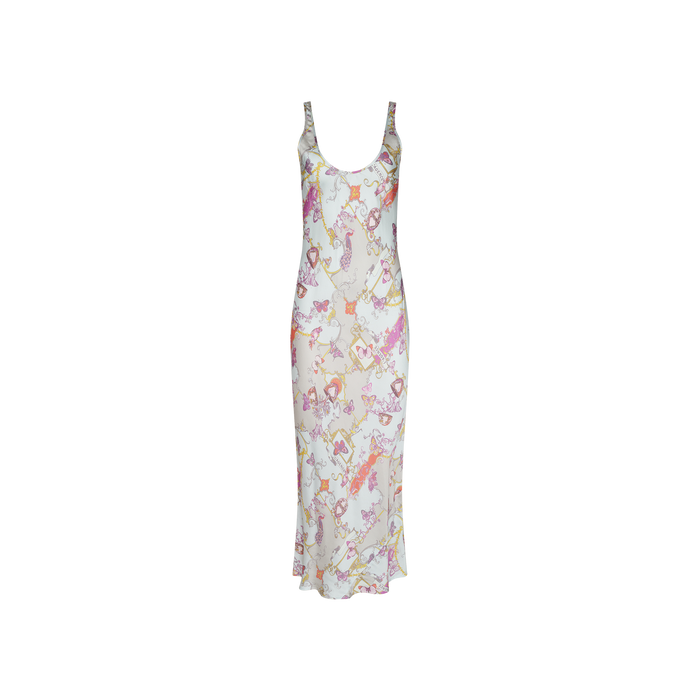 Showcased against a plain white backdrop, the Akiya Satin Maxi Dress features a sleeveless, scoop-neck bias-cut silhouette adorned with pastel floral and abstract prints on a white background. Effortlessly versatile, this stylish dress transitions seamlessly from casual daytime outings to elegant evening events.