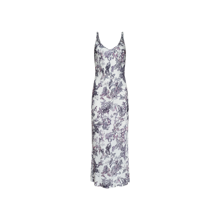 Akiya Satin Maxi Dress: A sleeveless, white satin maxi dress with a V-neckline and a purple floral and butterfly print, displayed on a plain white background.