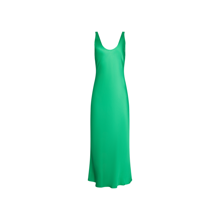 The Akiya Satin Maxi Dress is a sleeveless, island green bias-cut dress with a scoop neckline, crafted from smooth, shiny satin fabric and displayed on a plain white background.