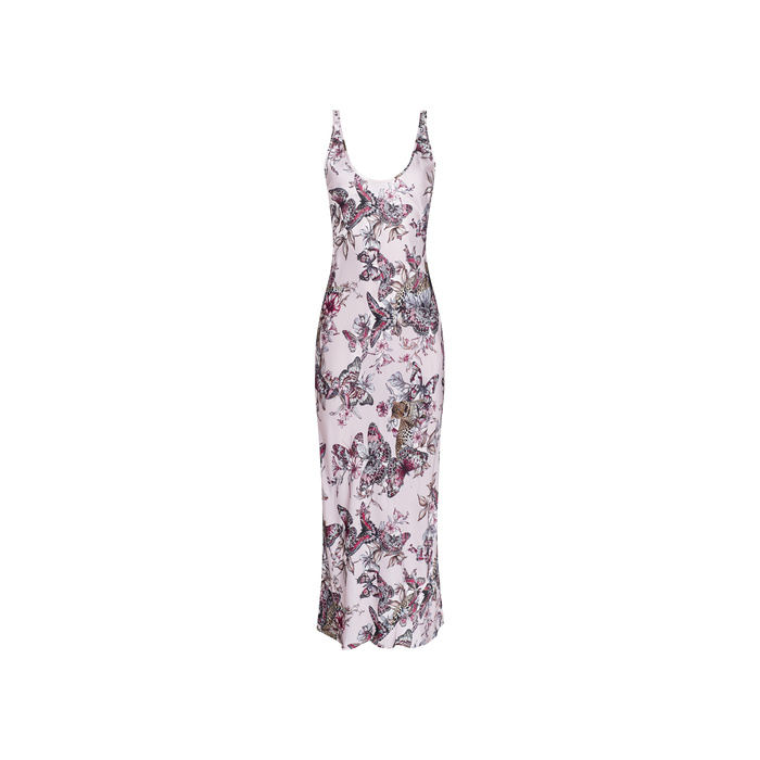 The Akiya Satin Maxi Dress is a sleeveless, form-fitting light pink evening gown featuring a deep neckline and an all-over vibrant butterfly jungle print, showcased against a plain white background.