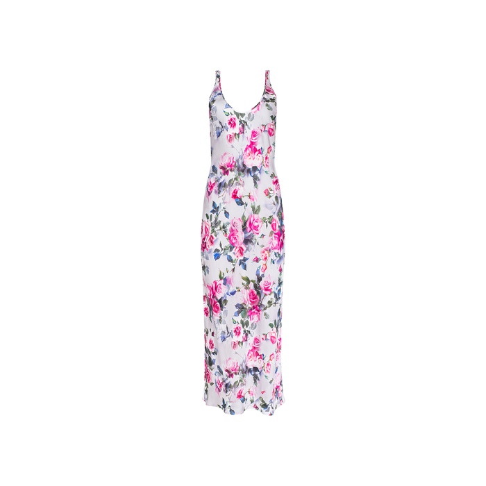Akiya Satin Maxi Dress—a sleeveless, fitted maxi dress with a scoop neckline, showcasing a white background adorned with a vibrant pink rose print—perfect for effortlessly transitioning from day to night.