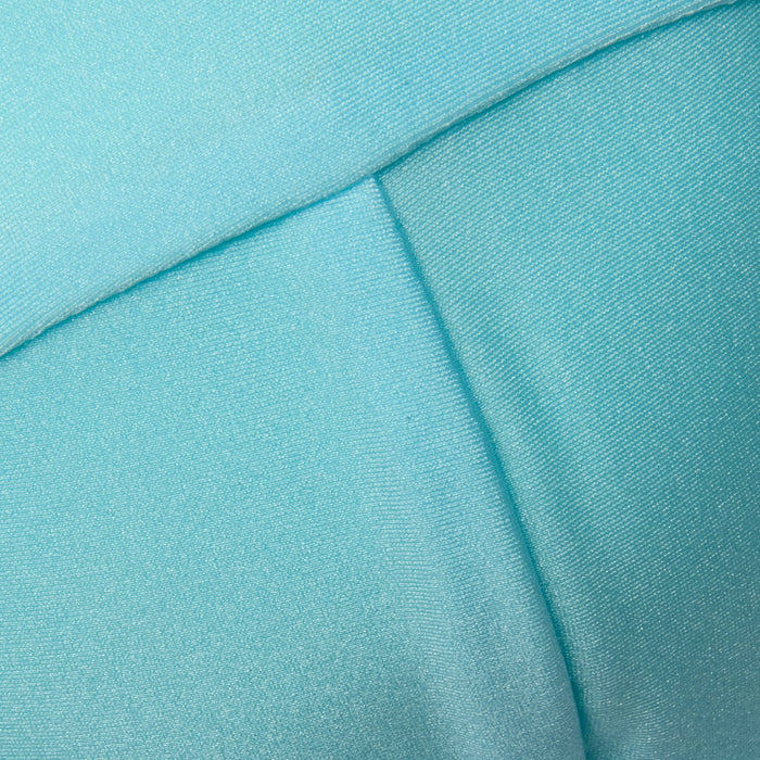 Close-up of light blue fabric with visible stitching and seams, featuring a smooth, slightly shiny texture—ideal for the Alexandria Bikini Top, expertly crafted from UPF 50 swimwear material.