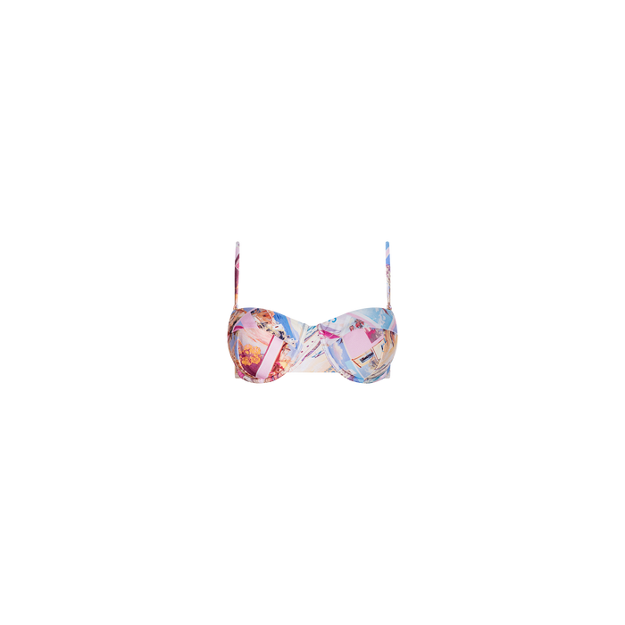Alexandria Bikini Top: A vibrant balconette bikini top with thin, adjustable straps and a playful postcard print, displayed against a plain white background.