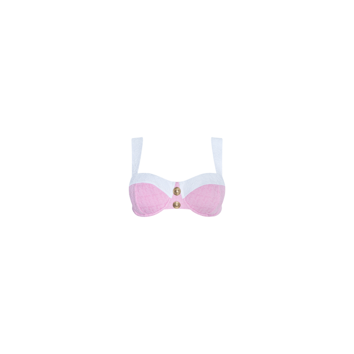 The Alexandria Bikini Top is a pink and white balconette bikini top with underwire support, featuring two gold decorative buttons at the center and crafted from textured bouclé fabric, displayed against a plain white background.