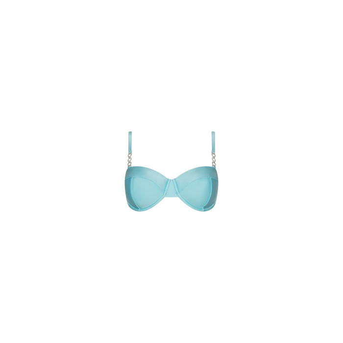 The Alexandria Bikini Top is a light blue balconette style featuring molded cups and gold chain details on the straps, displayed on a white background.
