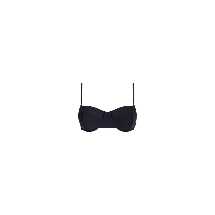 The Alexandria Bikini Top, a black strapless balconette style featuring thin adjustable shoulder straps, is displayed on a plain white background.