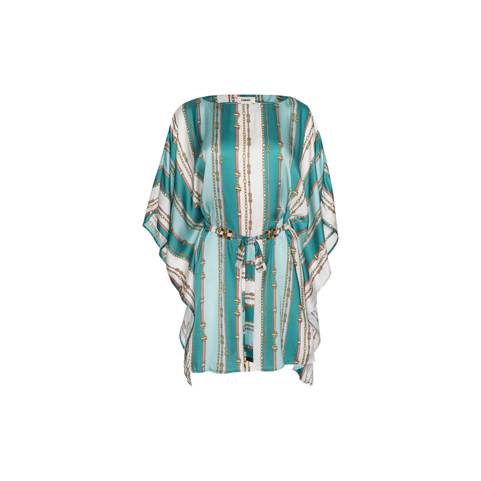 The Alia Cover-Up Tunic features a teal and white striped pattern with a gold chain print, kimono-style silhouette, and waist belt, shown on a plain white background.