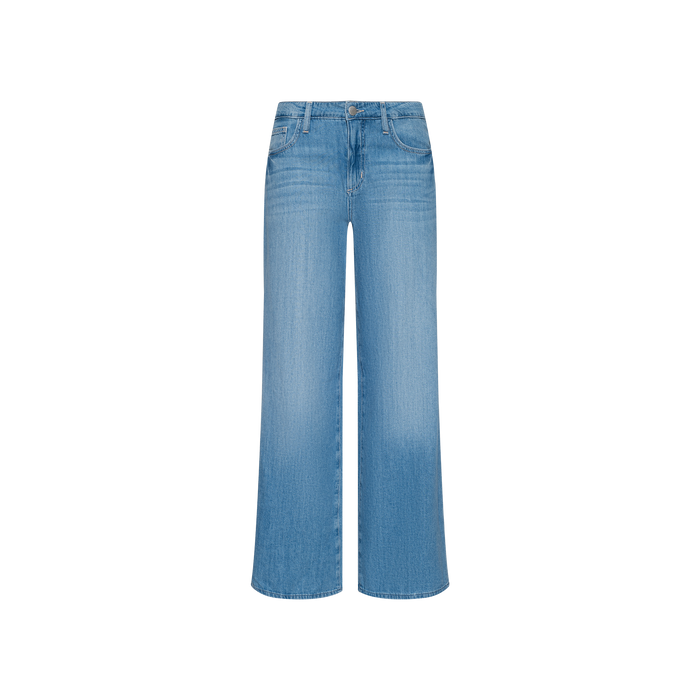 Alicent Wide-Leg Jean in light blue featherweight denim features a high rise, sneaker-length wide-leg silhouette, button and zipper closure, and both front and back pockets, displayed against a plain white background.