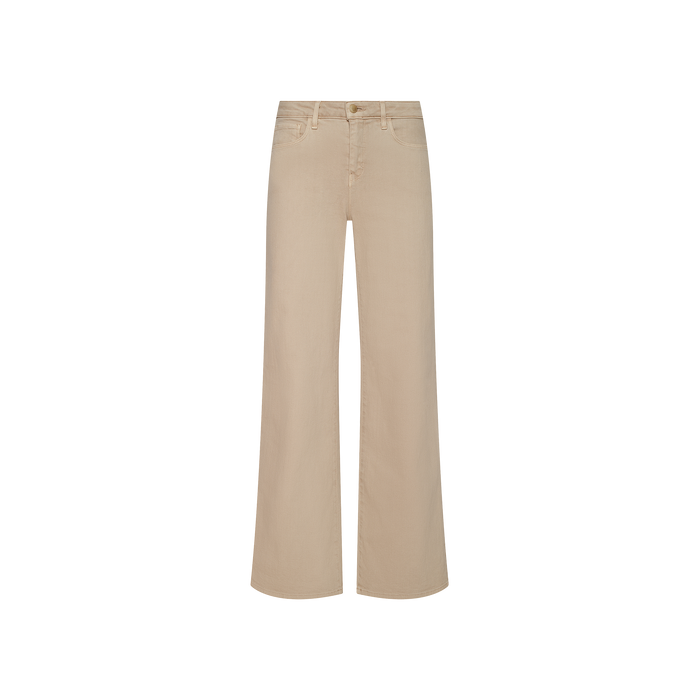 The Alicent Wide-Leg Jean in beige features a high-rise, sneaker-length silhouette crafted from stretch denim, complete with front and back pockets, belt loops, and a button and zipper closure. Displayed on a plain white background.